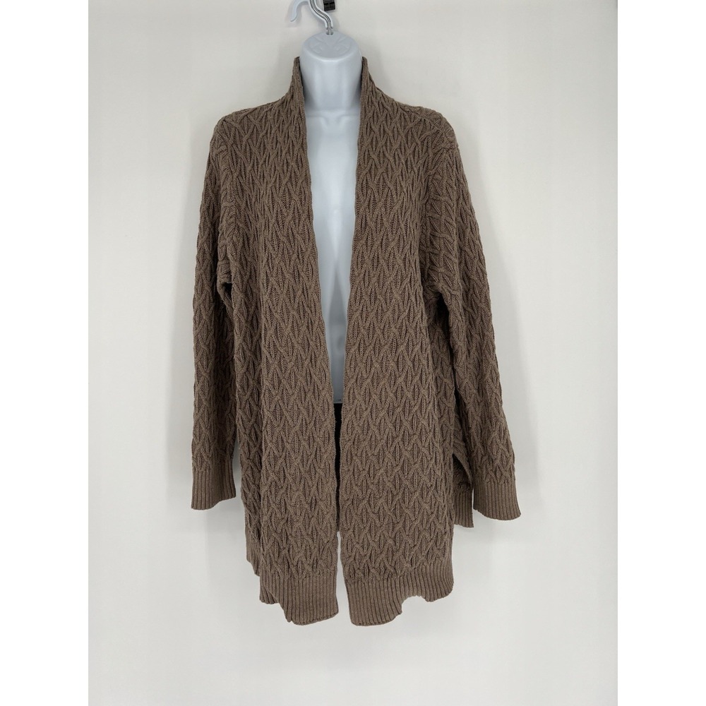 Womens Brown 100% Cotton Cardigan Sweater XL Open Front Longline Knit Minimal